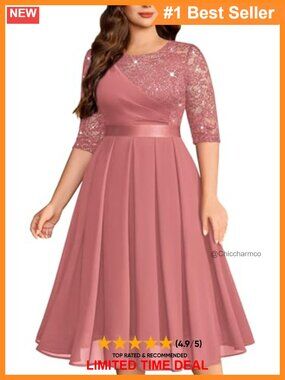 Plus Size Pleated Chiffon Midi Dress Sequin Lace Half Sleeve